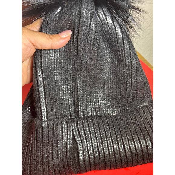 Adrienne Landau WOMEN's Fur Pom Pom BLACK Metallic Beanie Hat NWOT - Picture 6 of 7